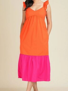 Donna Morgan Colorblock Ruffle Strap Midi Dress | Size